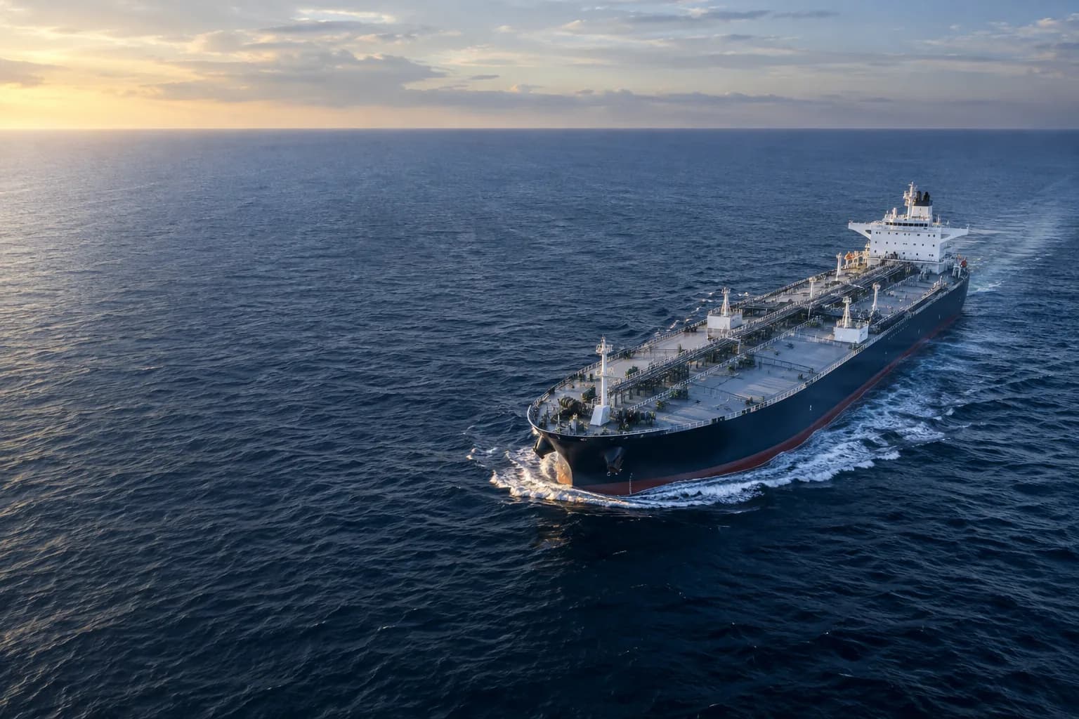 A product tanker crossing calm open water at sunrise